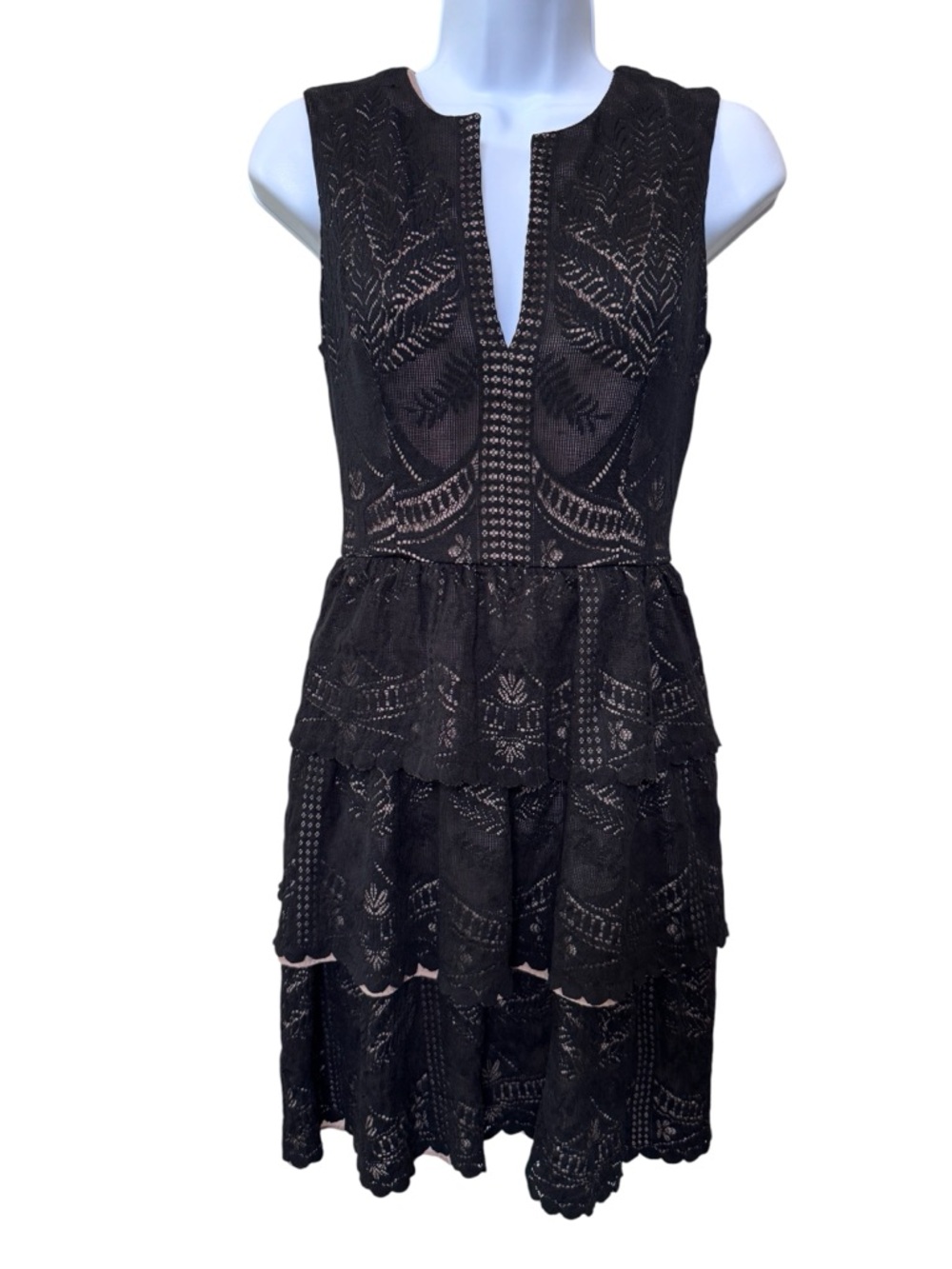 BCBGMaxAzria Scarlett Black Lace Tiered Eyelet Dress Nude Lined Size 6